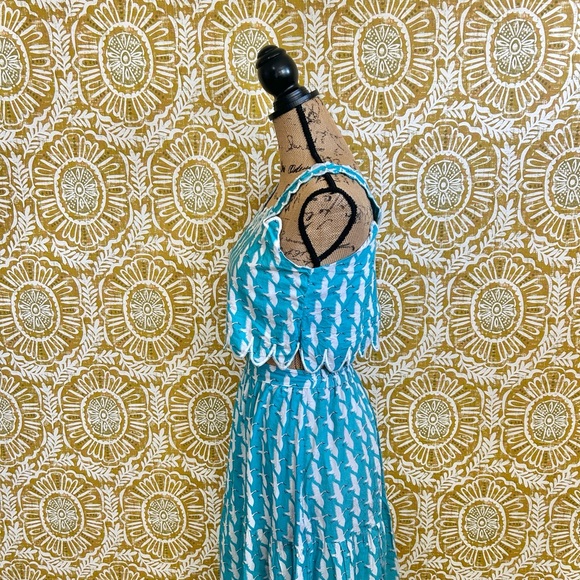 Victoria Dunn Lupine Scalloped Cotton Crane Print Top Skirt Set Sz XS RARE - Picture 10 of 15